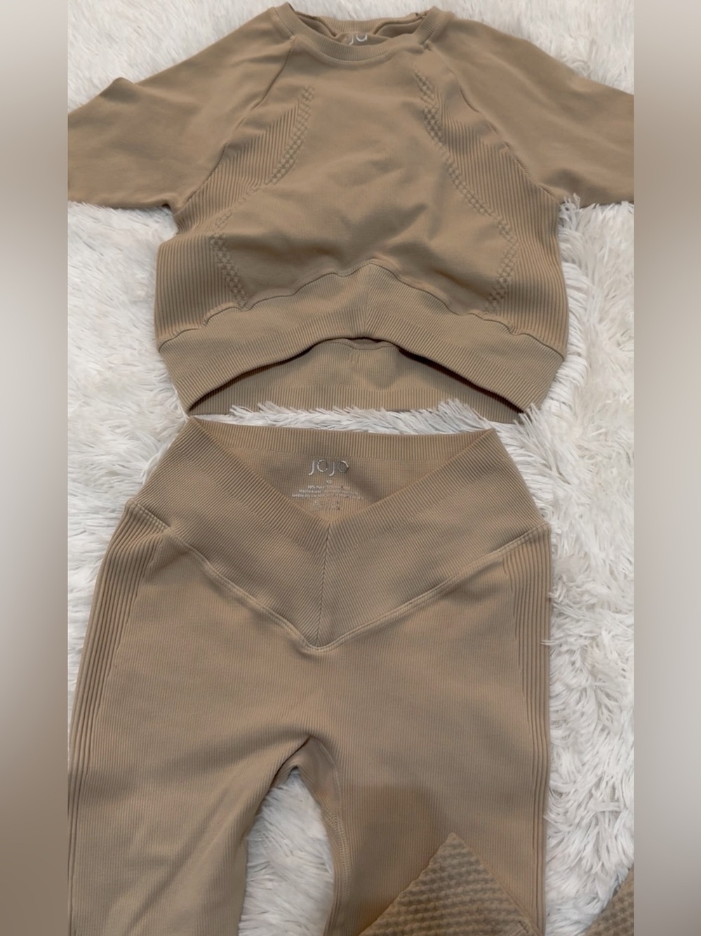JOJA Active Wear Seamless Ribbed Two-Piece Set in Taupe. Top is S, Bottom XS